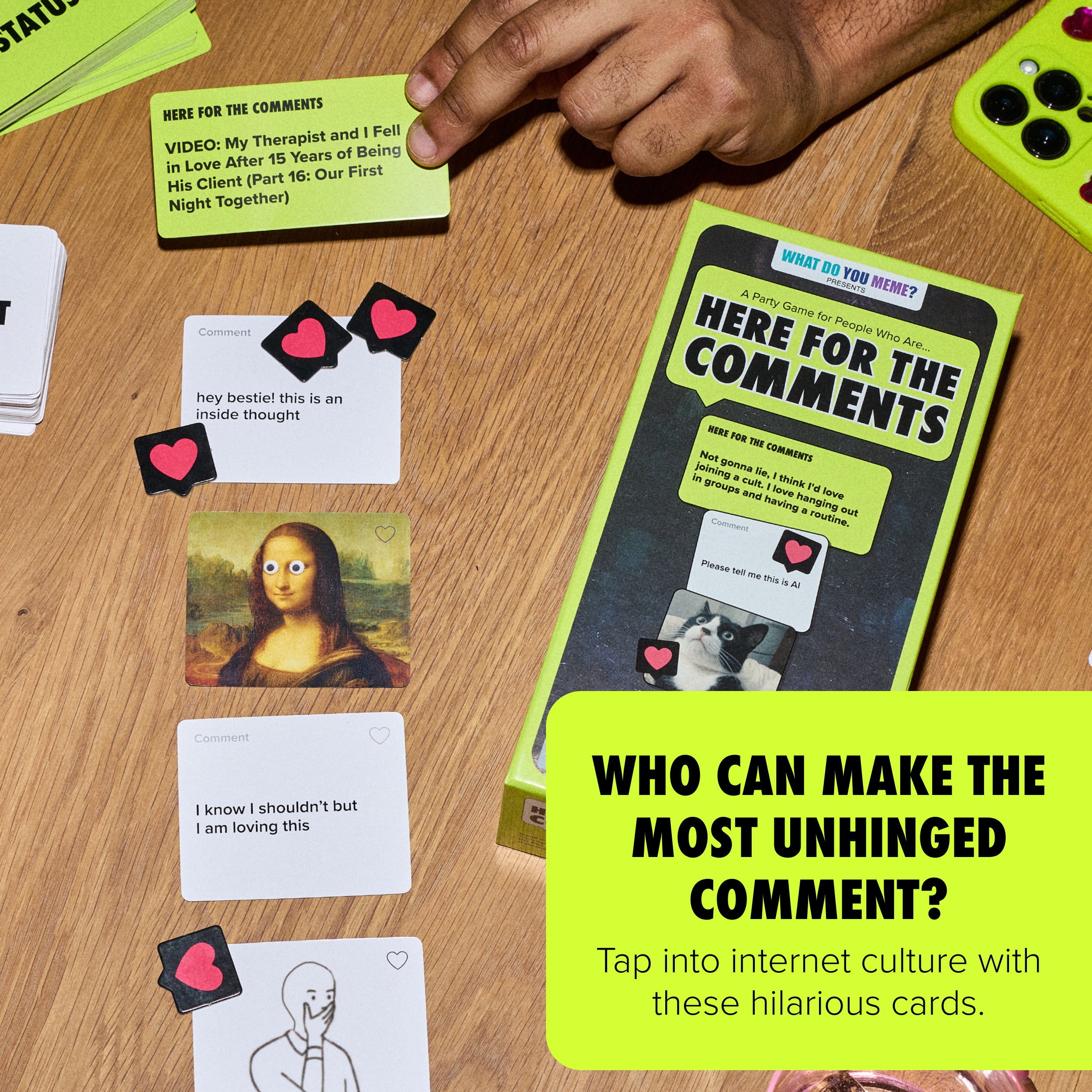 Here For The Comments by Relatable - An Adult Party Game Built on Internet Culture, Funny Party Games for Game Night and Fun Gifts – Includes 100 Status Cards, 240 Comment Cards and 12 Heart Tokens