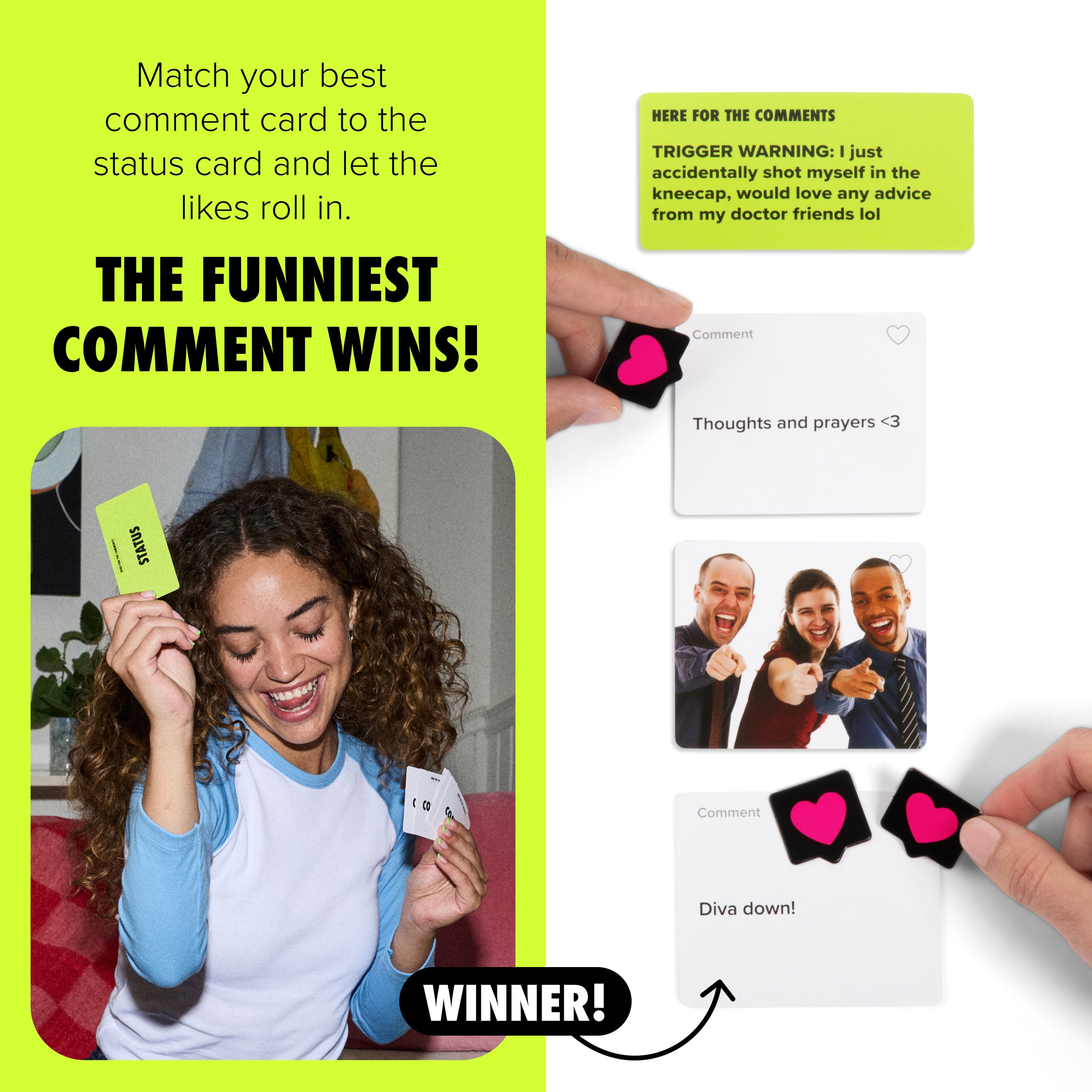 Here For The Comments by Relatable - An Adult Party Game Built on Internet Culture, Funny Party Games for Game Night and Fun Gifts – Includes 100 Status Cards, 240 Comment Cards and 12 Heart Tokens