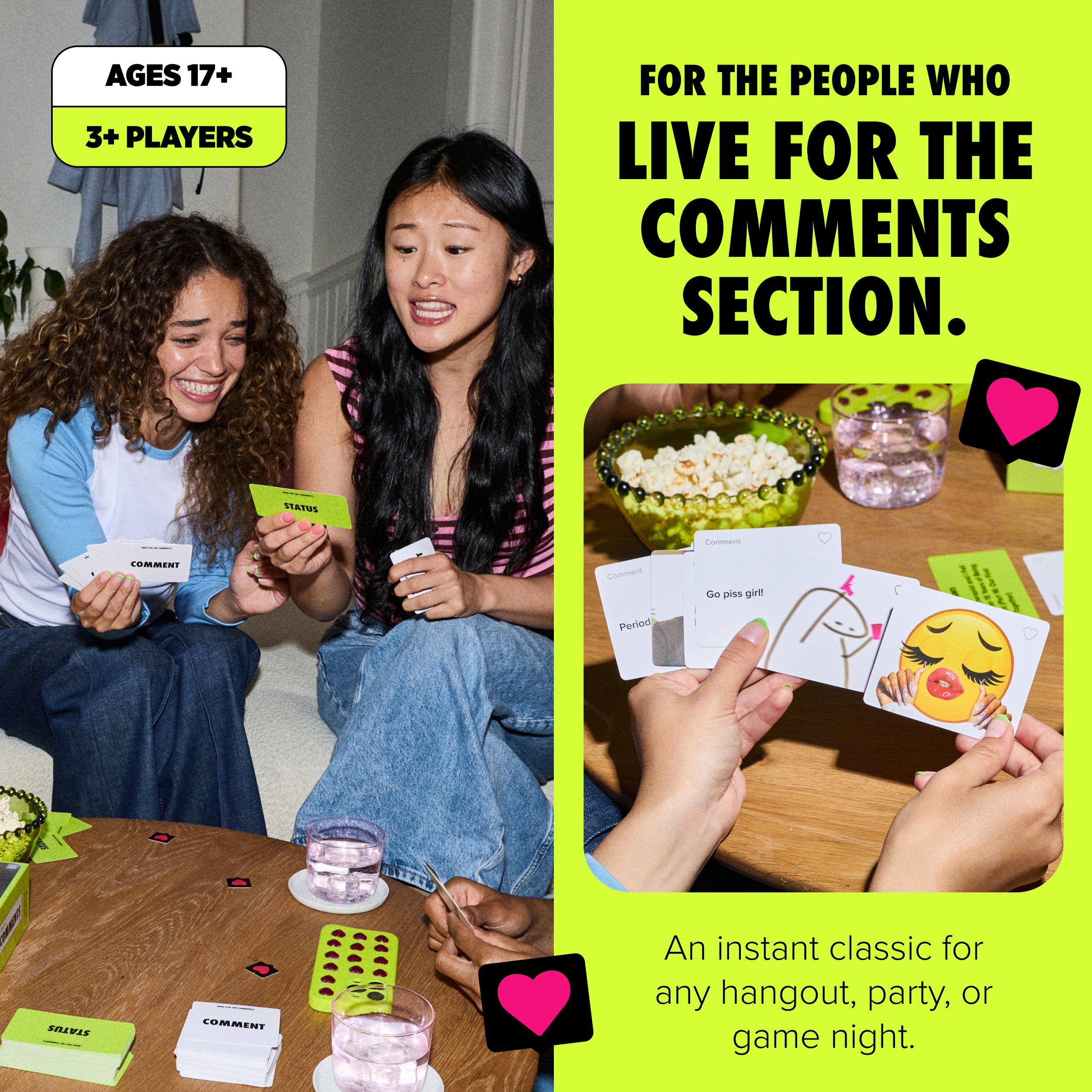 Here For The Comments by Relatable - An Adult Party Game Built on Internet Culture, Funny Party Games for Game Night and Fun Gifts – Includes 100 Status Cards, 240 Comment Cards and 12 Heart Tokens