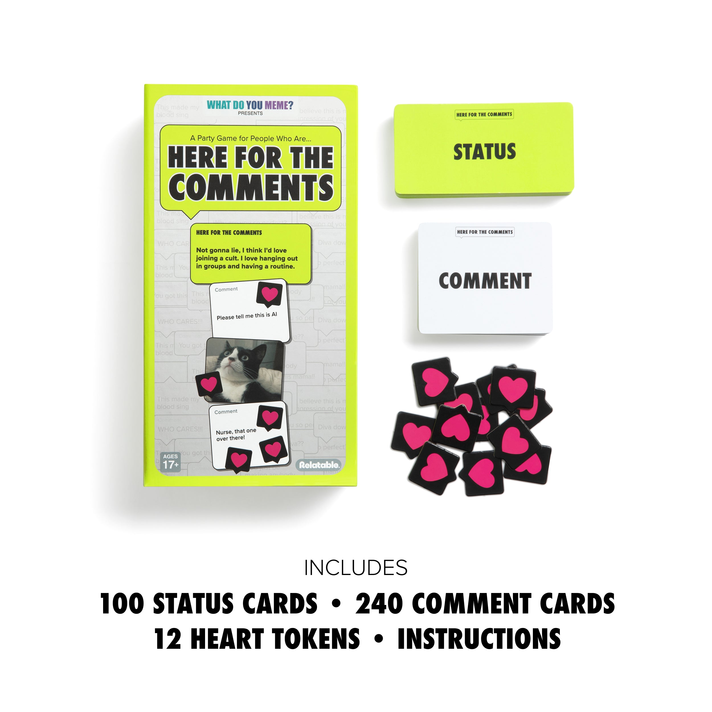 Here For The Comments by Relatable - An Adult Party Game Built on Internet Culture, Funny Party Games for Game Night and Fun Gifts – Includes 100 Status Cards, 240 Comment Cards and 12 Heart Tokens
