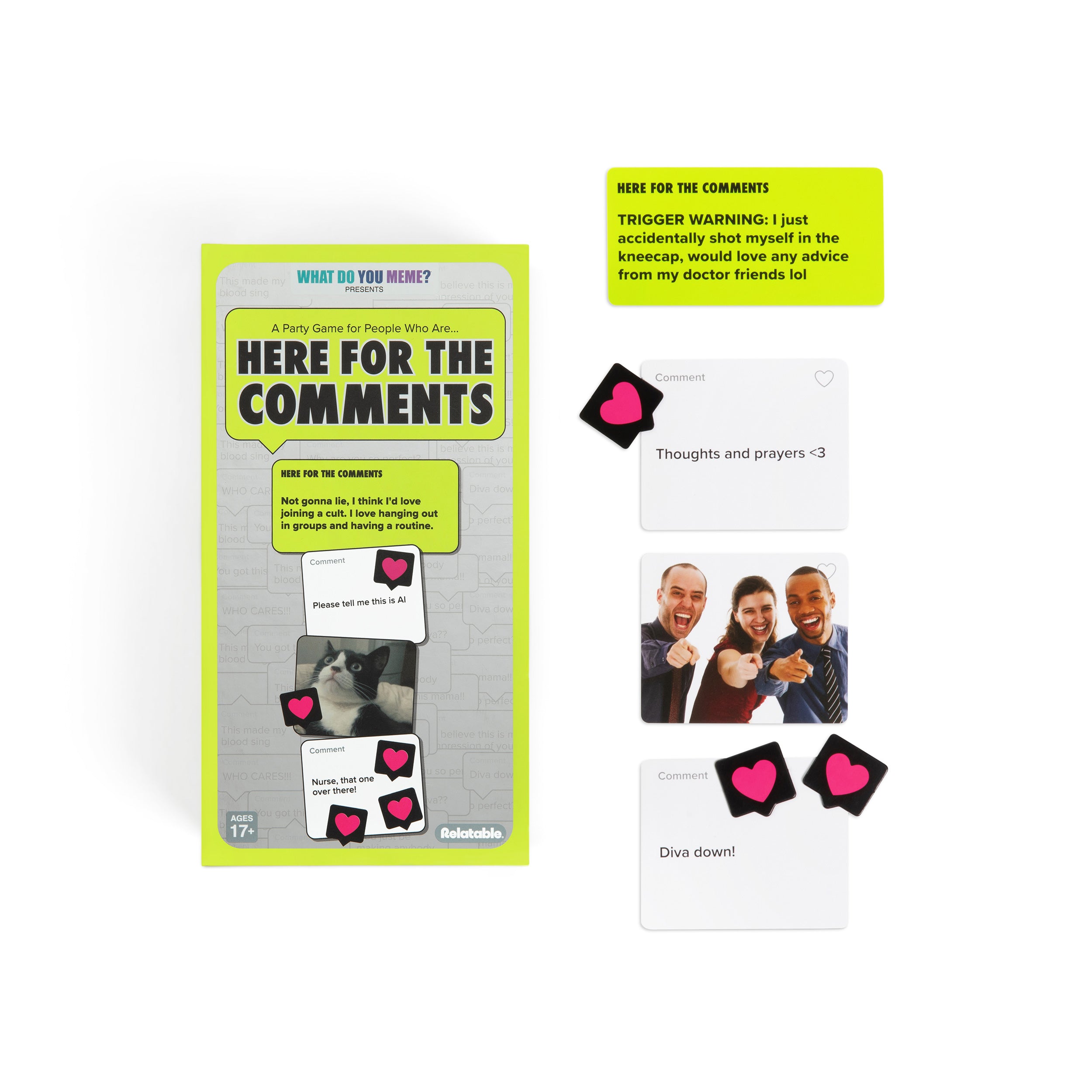 Here For The Comments by Relatable - An Adult Party Game Built on Internet Culture, Funny Party Games for Game Night and Fun Gifts – Includes 100 Status Cards, 240 Comment Cards and 12 Heart Tokens