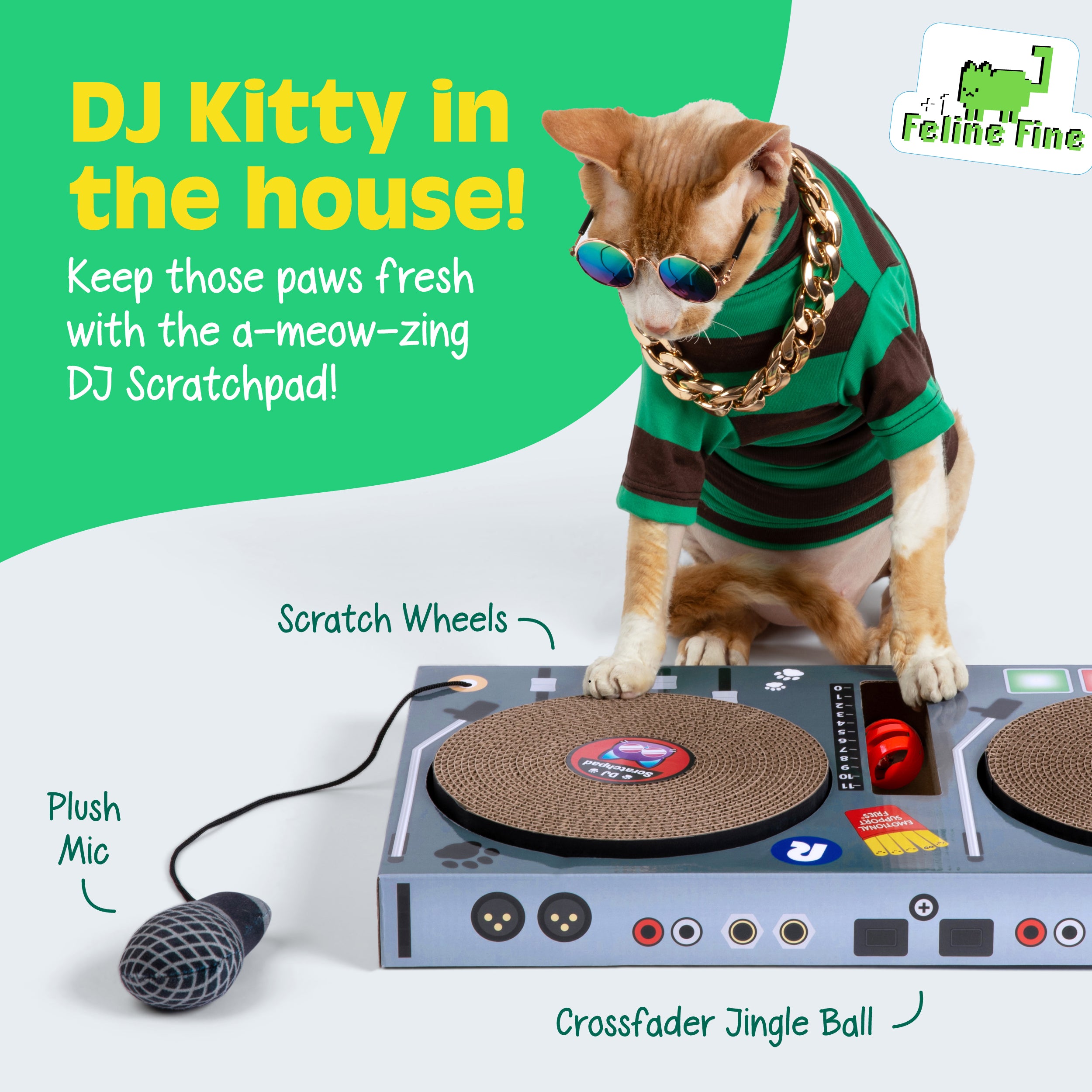 DJ Scratchpad by Relatable, Includes Box With 2 Scratch Wheels, 1 Plastic Ball With Bell, And Attached Microphone Plush