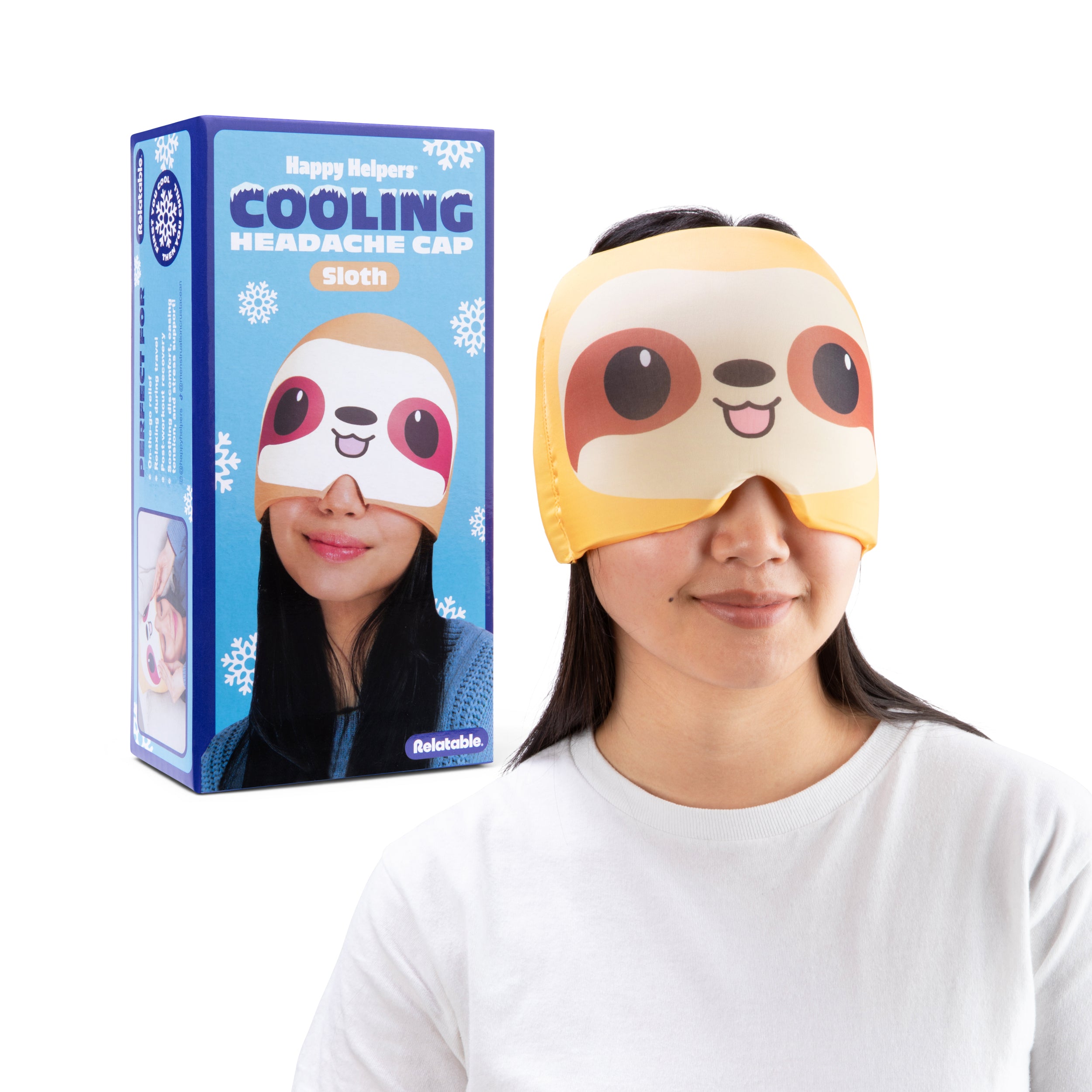 Happy Helpers Sloth Cooling Headache Cap by Relatable, Perfect for Soothing Support During Headaches, Hangovers, Post Workout Recovery, Stress Support and Cooling Support,  Includes 1 Cooling Cap