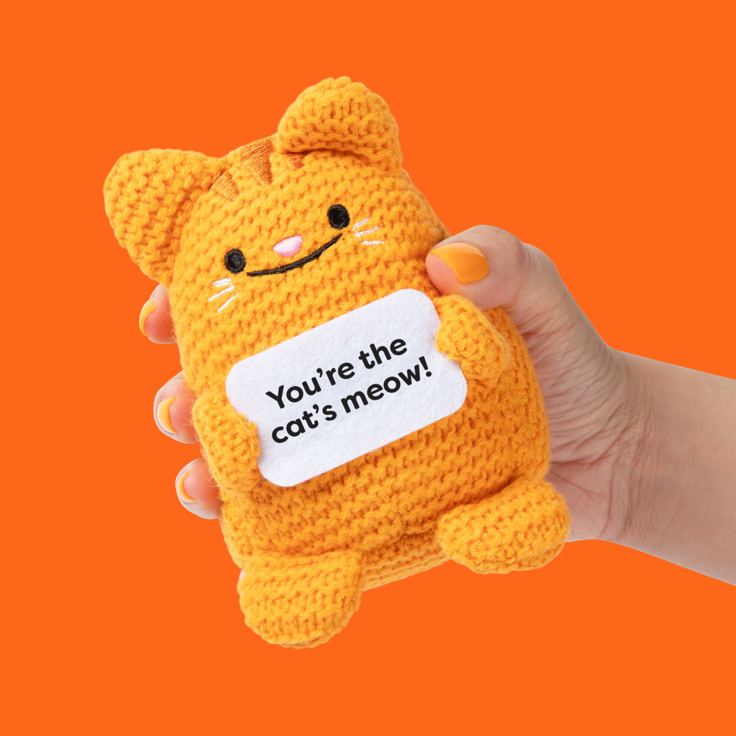 Lil Cheers Cat by Relatable – Cute Crochet Plush with Motivational Sign,Desk Decor