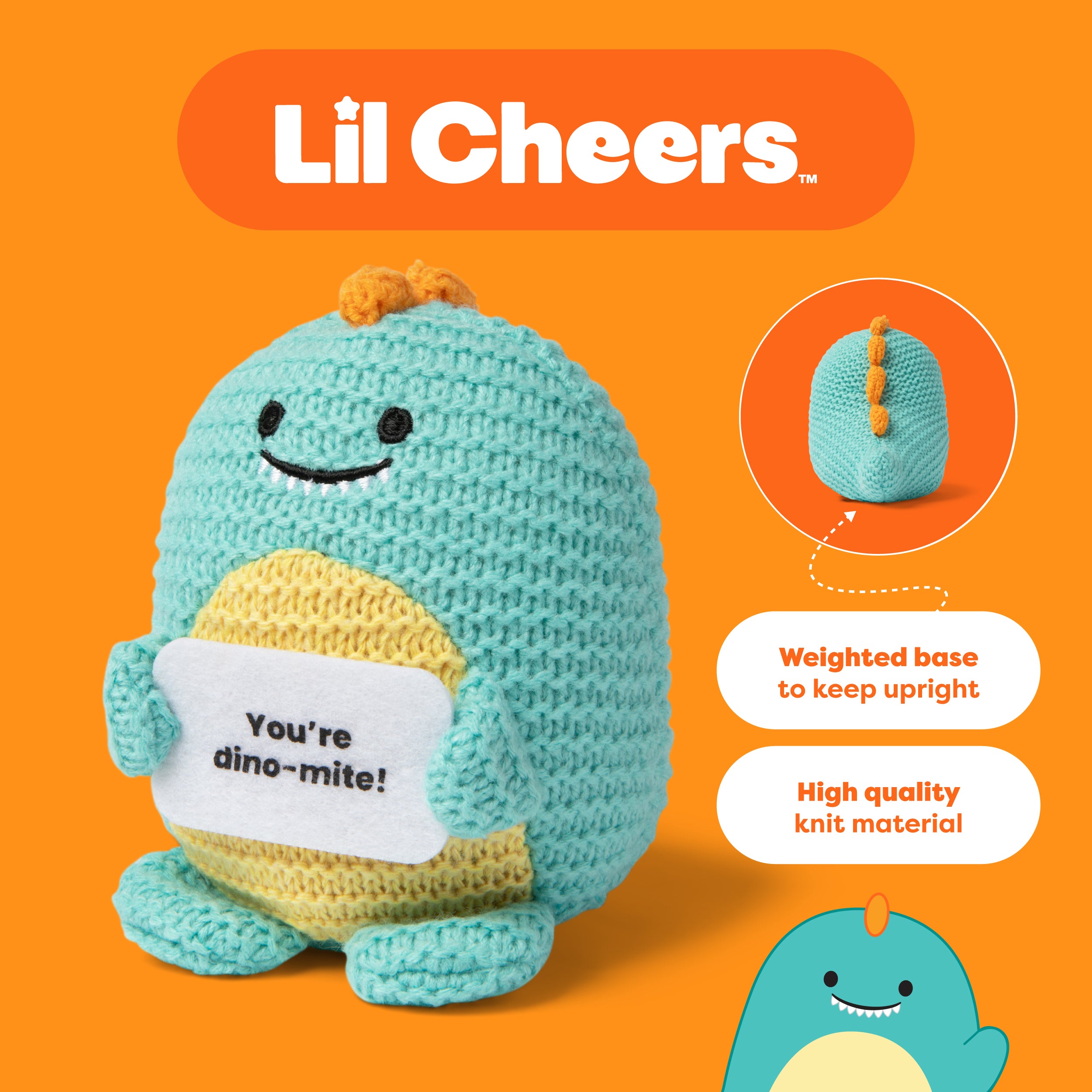 Lil Cheers Dino by Relatable – Cute Crochet Dinosaur Plush with Motivational Sign, Easter Gift & Uplifting Desk Decor