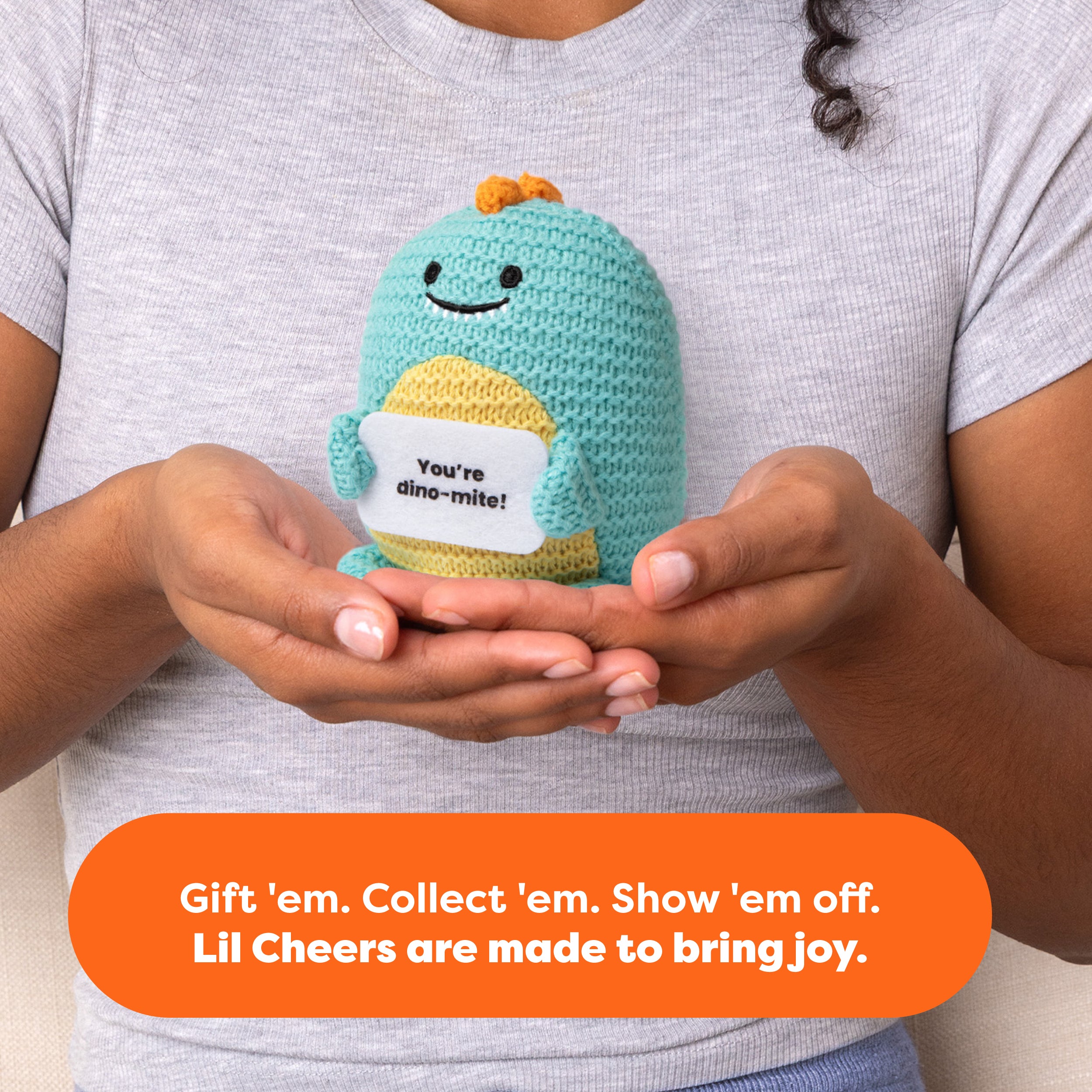 Lil Cheers Dino by Relatable – Cute Crochet Dinosaur Plush with Motivational Sign, Easter Gift & Uplifting Desk Decor