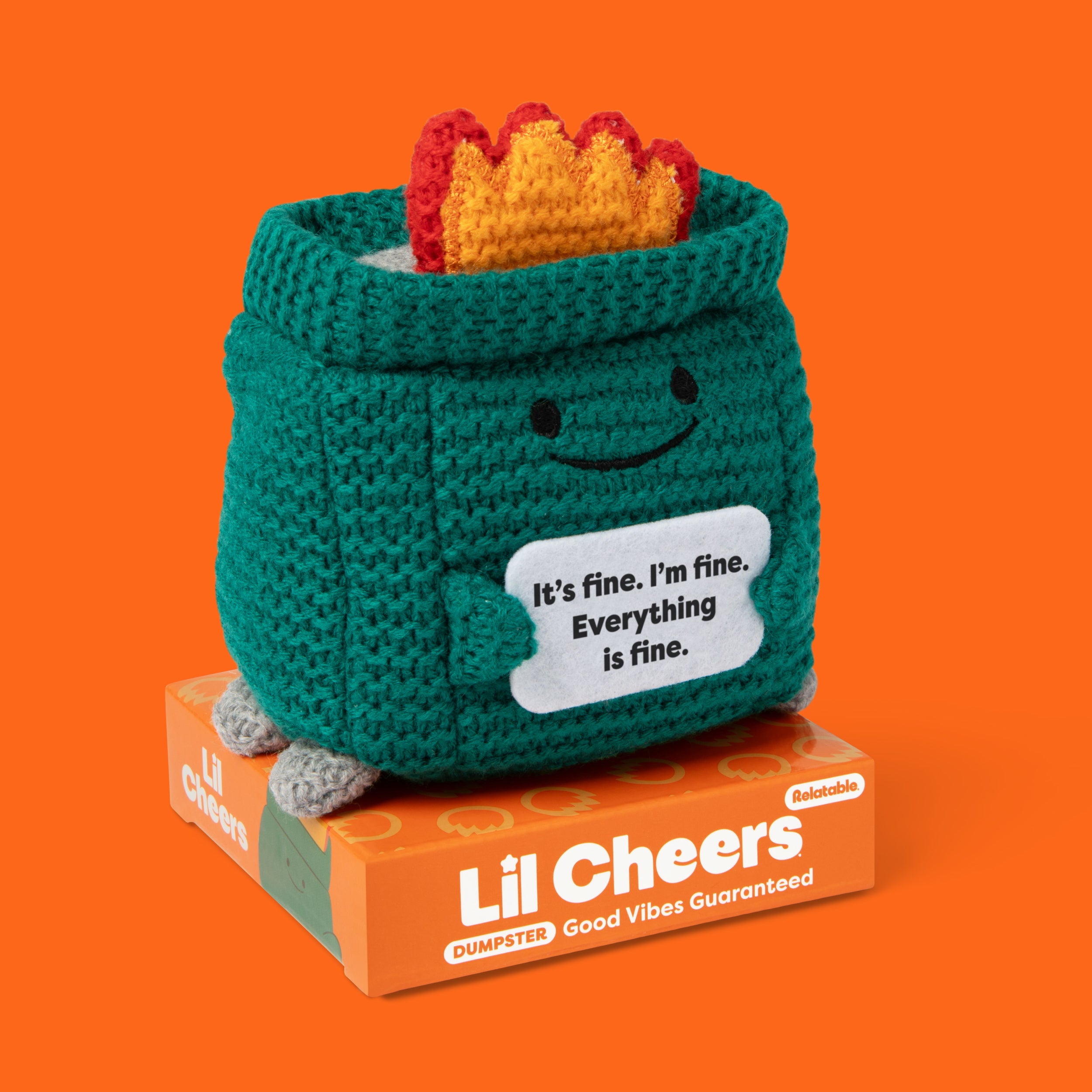 Lil Cheers Dumpster by Relatable – Funny Crochet Plush with Motivational Sign, Uplifting Gift & Desk Decor