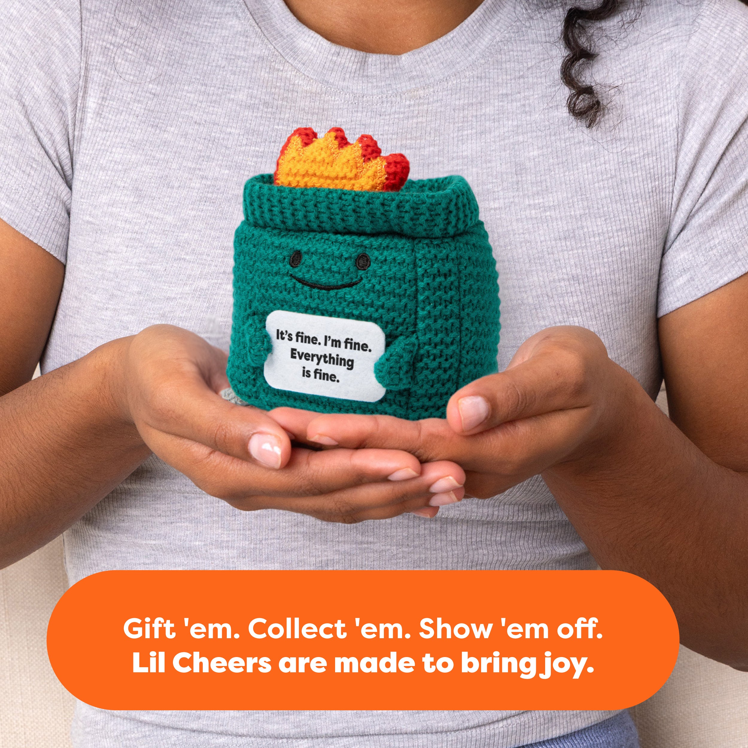 Lil Cheers Dumpster by Relatable – Funny Crochet Plush with Motivational Sign, Uplifting Gift & Desk Decor