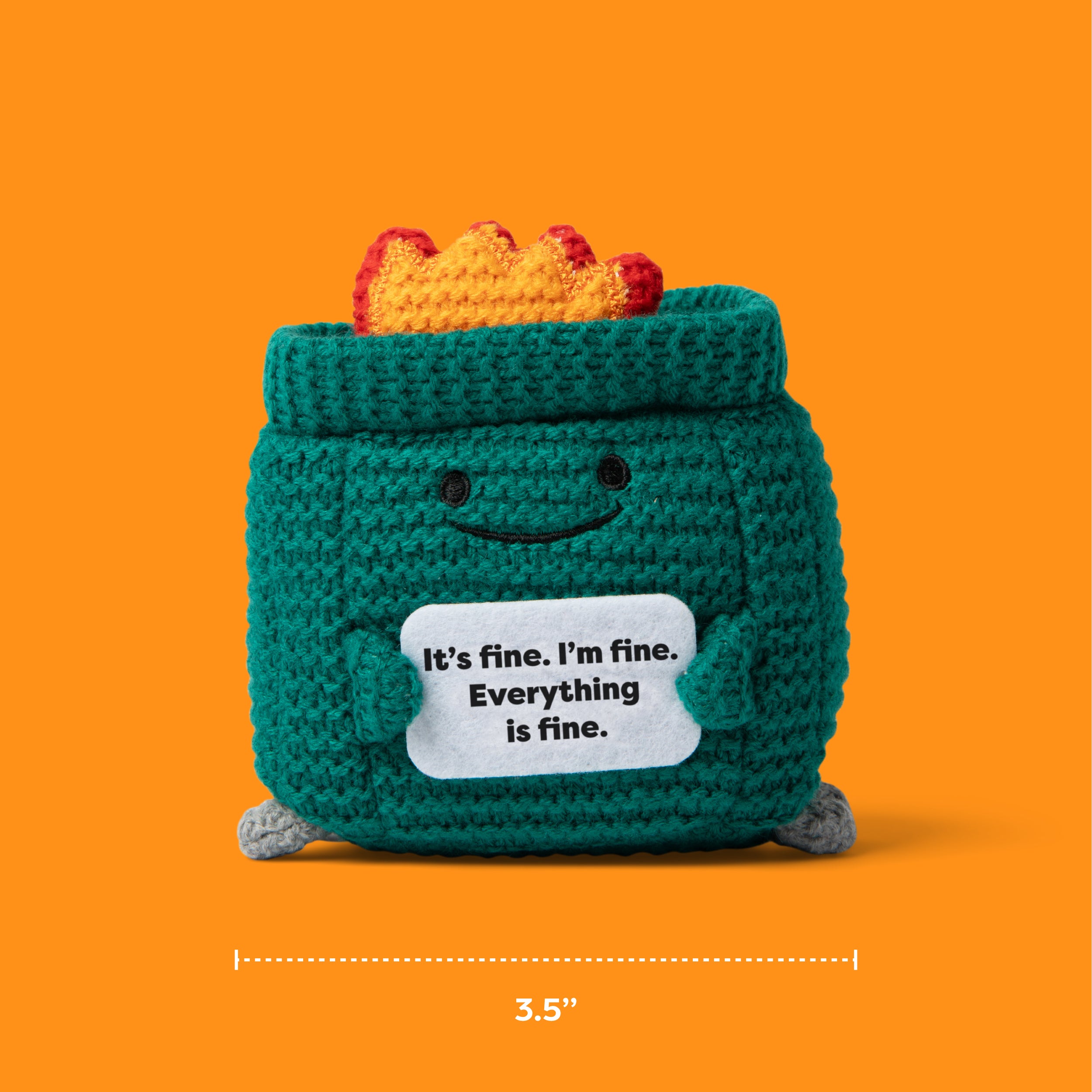 Lil Cheers Dumpster by Relatable – Funny Crochet Plush with Motivational Sign, Uplifting Gift & Desk Decor