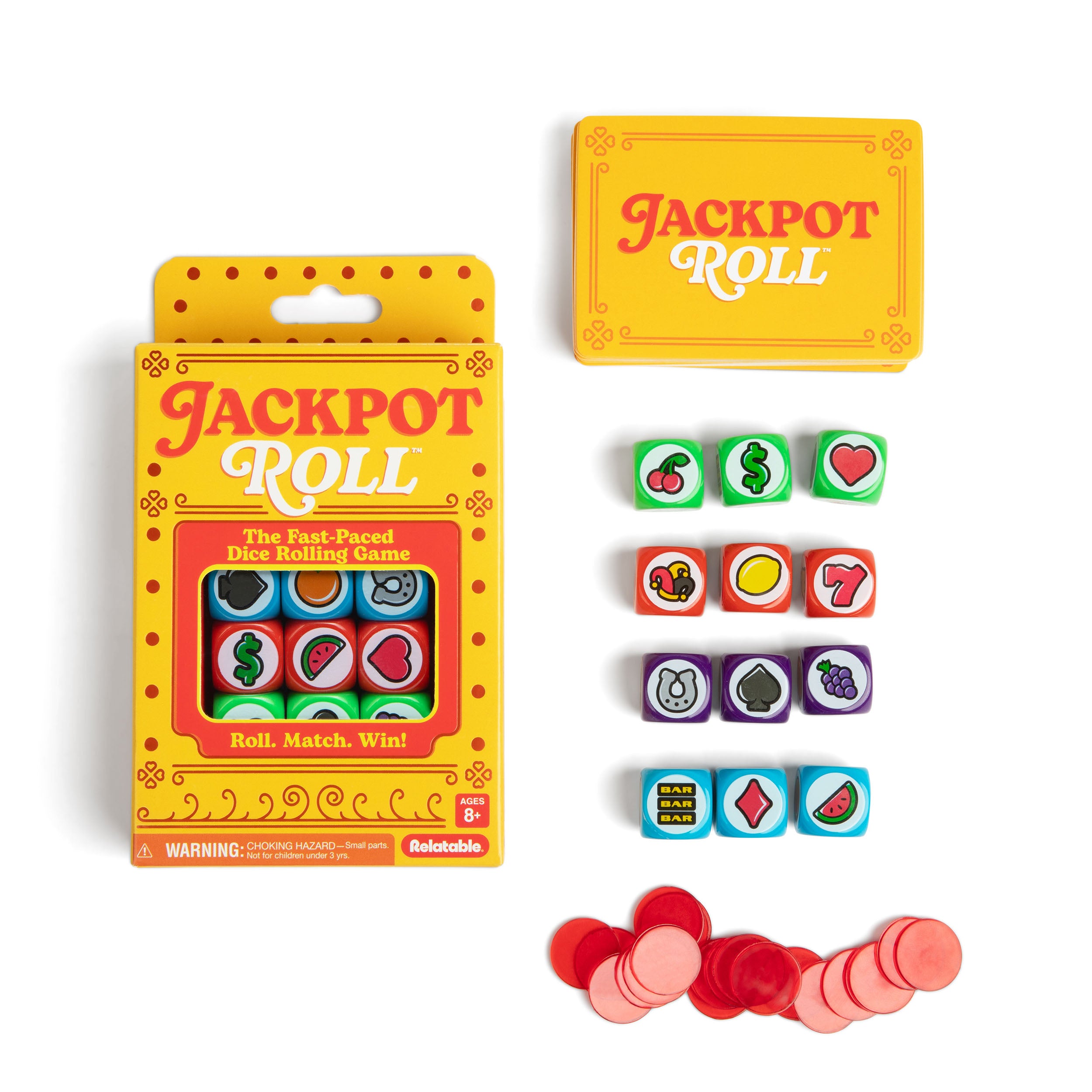 Jackpot Roll by Relatable – Fast-Paced Casino Dice Game for Adults and Family Game Night, Fun Travel Game with Cards, Dice, and Betting Tokens