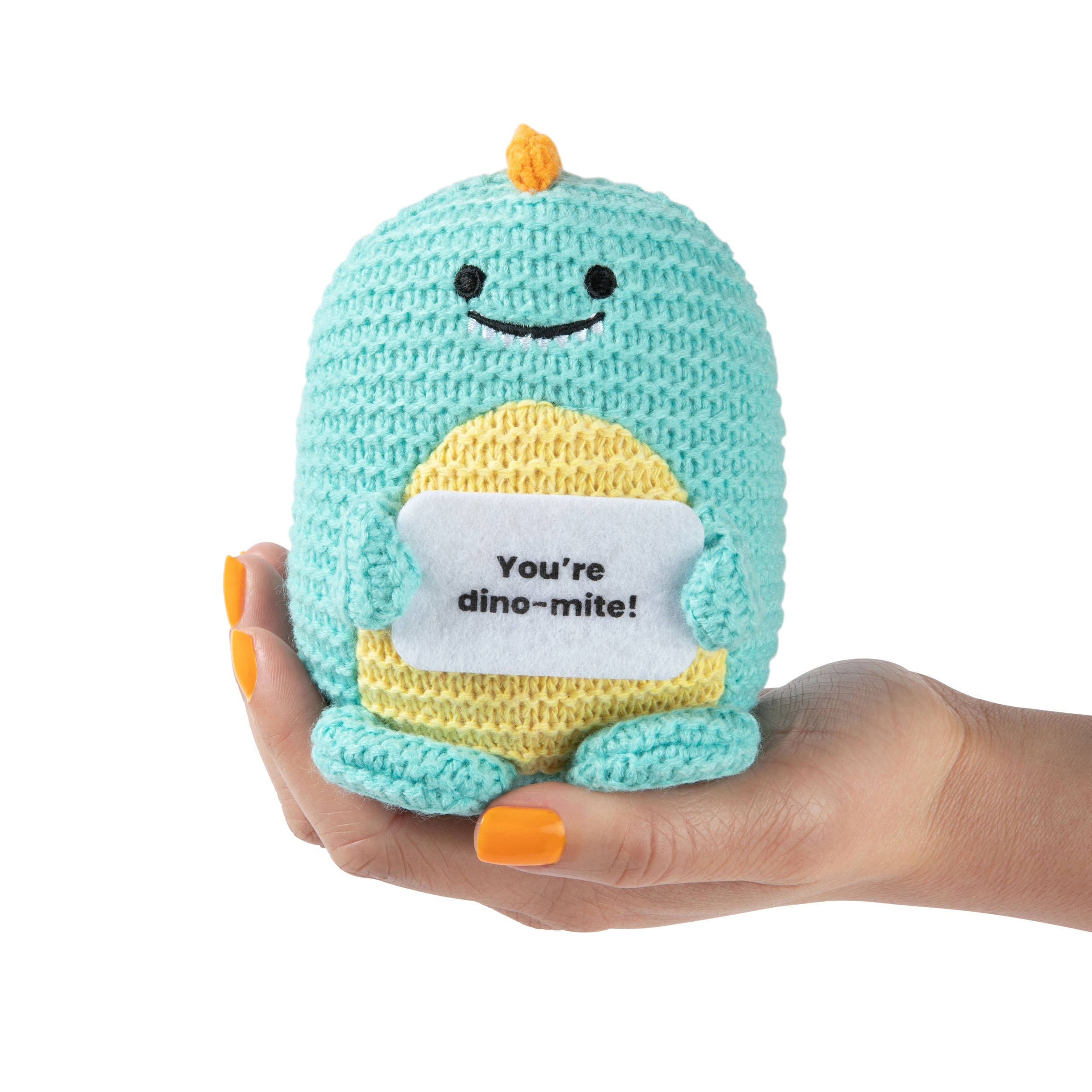 Lil Cheers Dino by Relatable – Cute Crochet Dinosaur Plush with Motivational Sign, Easter Gift & Uplifting Desk Decor