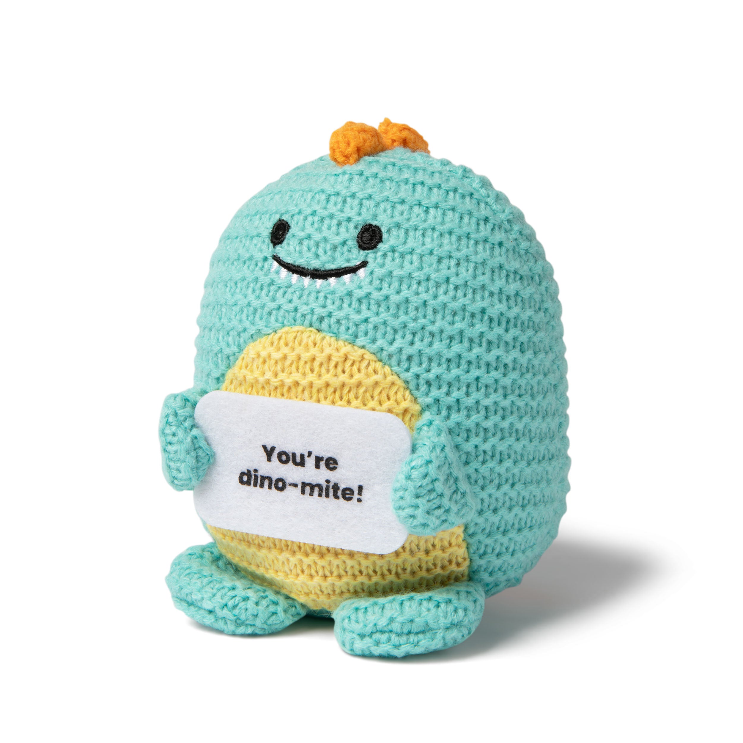 Lil Cheers Dino by Relatable – Cute Crochet Dinosaur Plush with Motivational Sign, Easter Gift & Uplifting Desk Decor