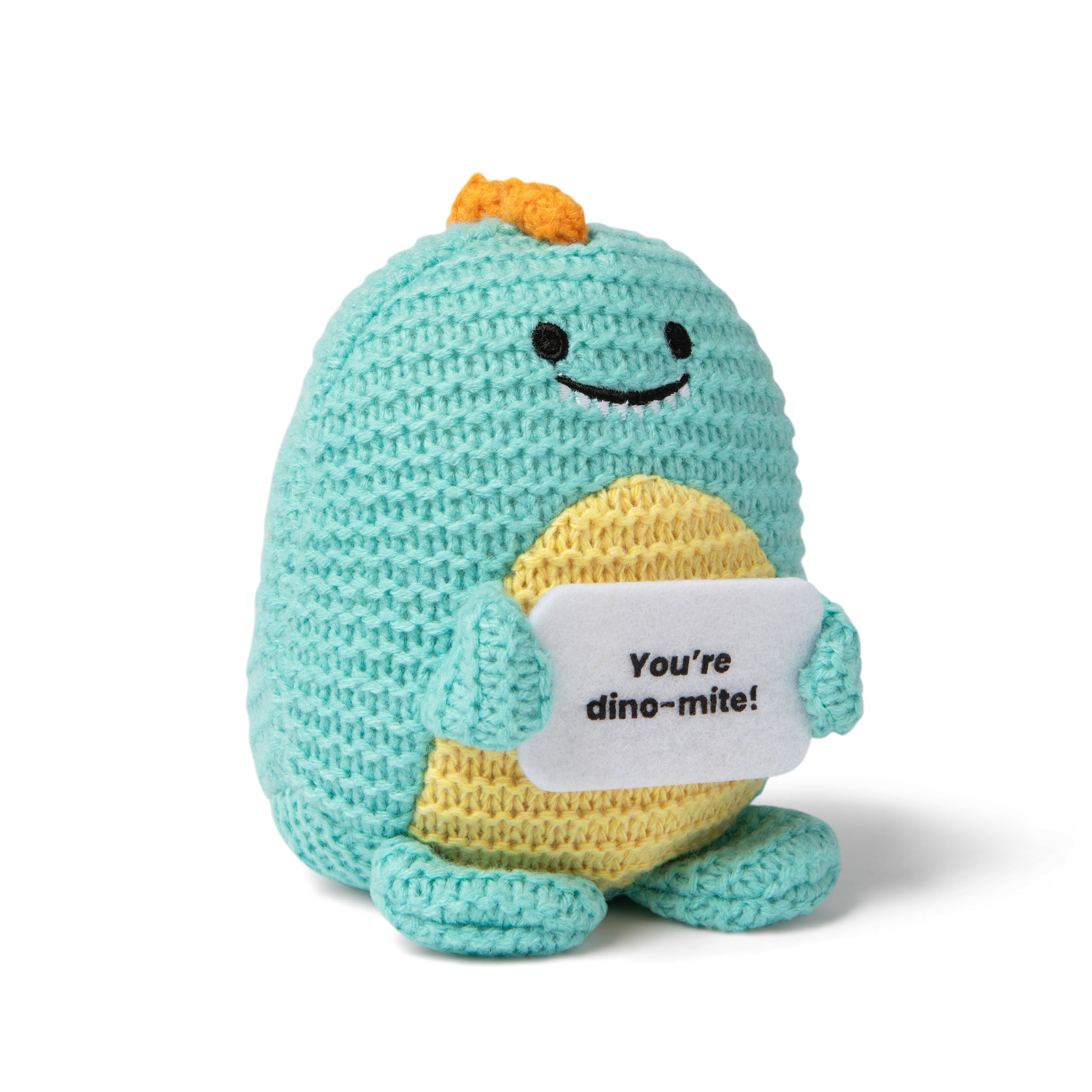 Lil Cheers Dino by Relatable – Cute Crochet Dinosaur Plush with Motivational Sign, Easter Gift & Uplifting Desk Decor