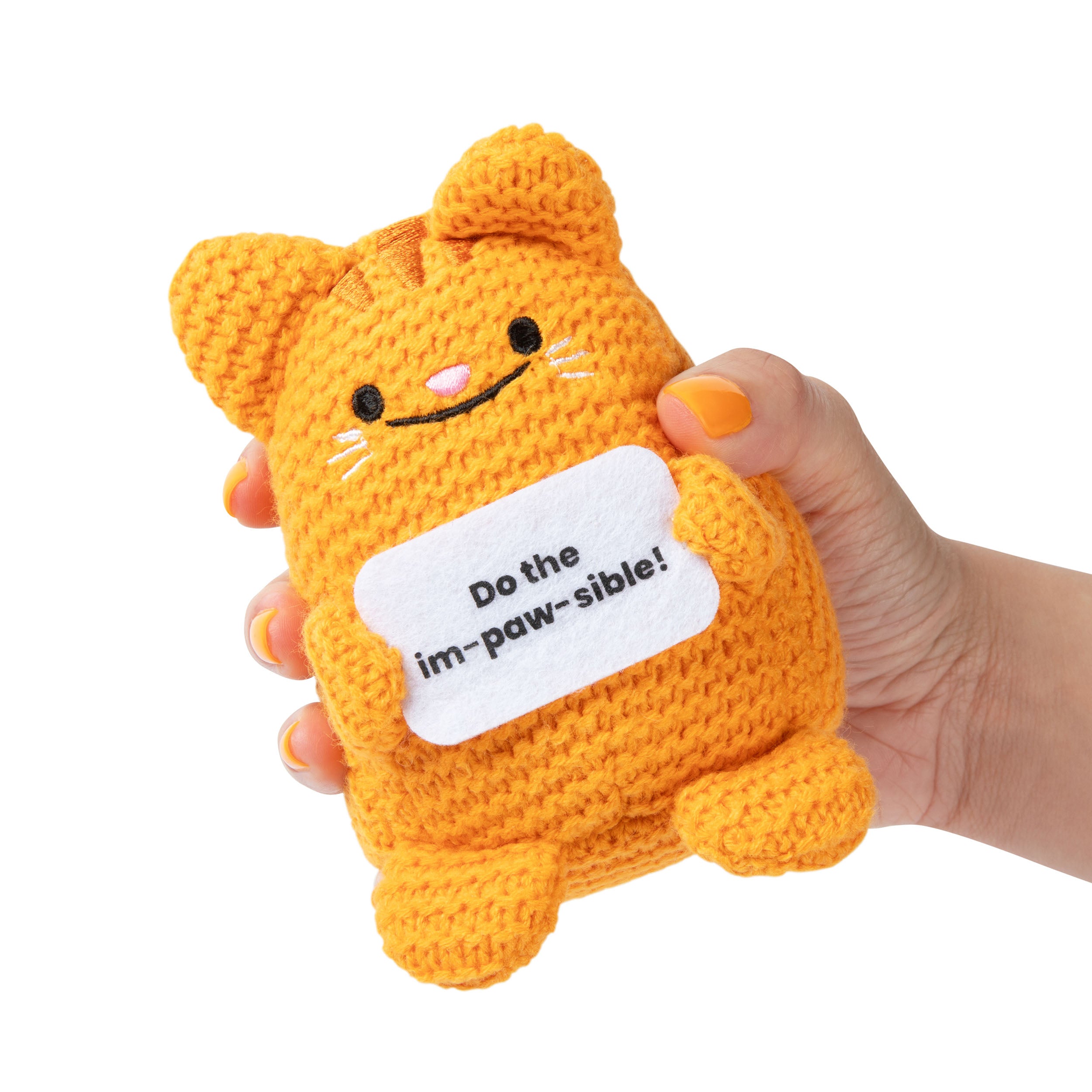 Lil Cheers Cat by Relatable – Cute Crochet Plush with Motivational Sign, Easter Gift Idea & Desk Decor for Kids, Teens, and Adults