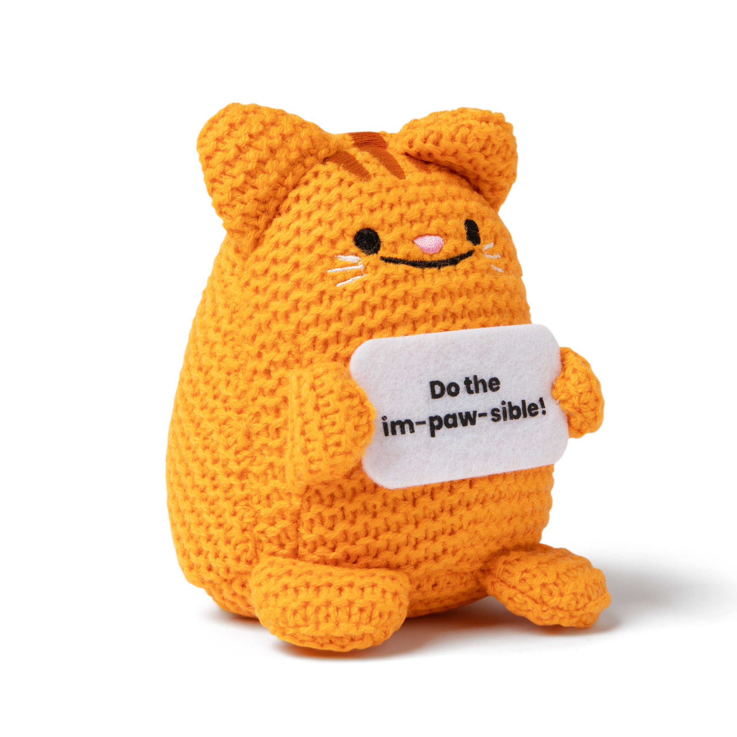 Lil Cheers Cat by Relatable – Cute Crochet Plush with Motivational Sign, Easter Gift Idea & Desk Decor for Kids, Teens, and Adults