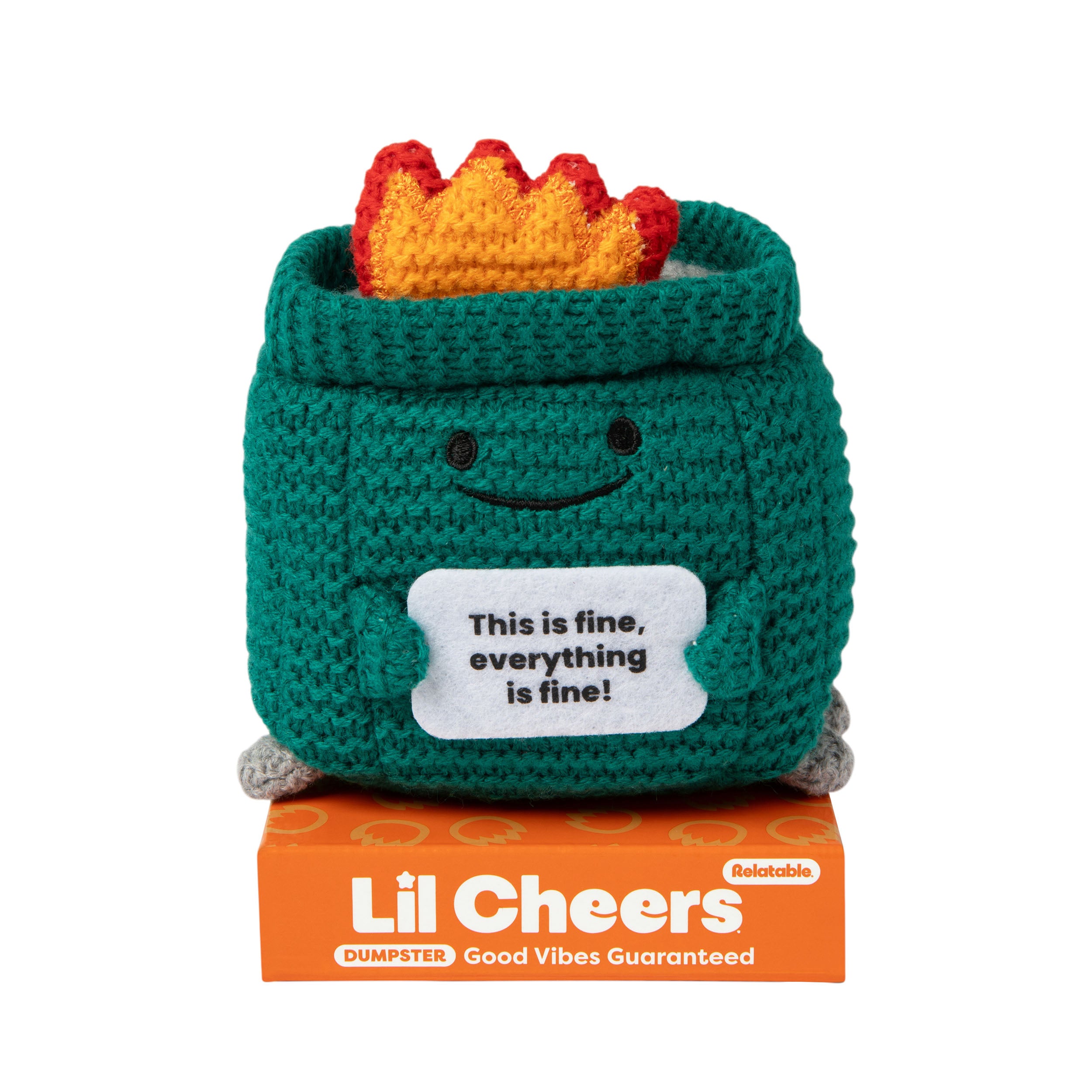 Lil Cheers Dumpster by Relatable – Funny Crochet Plush with Motivational Sign, Uplifting Gift & Desk Decor