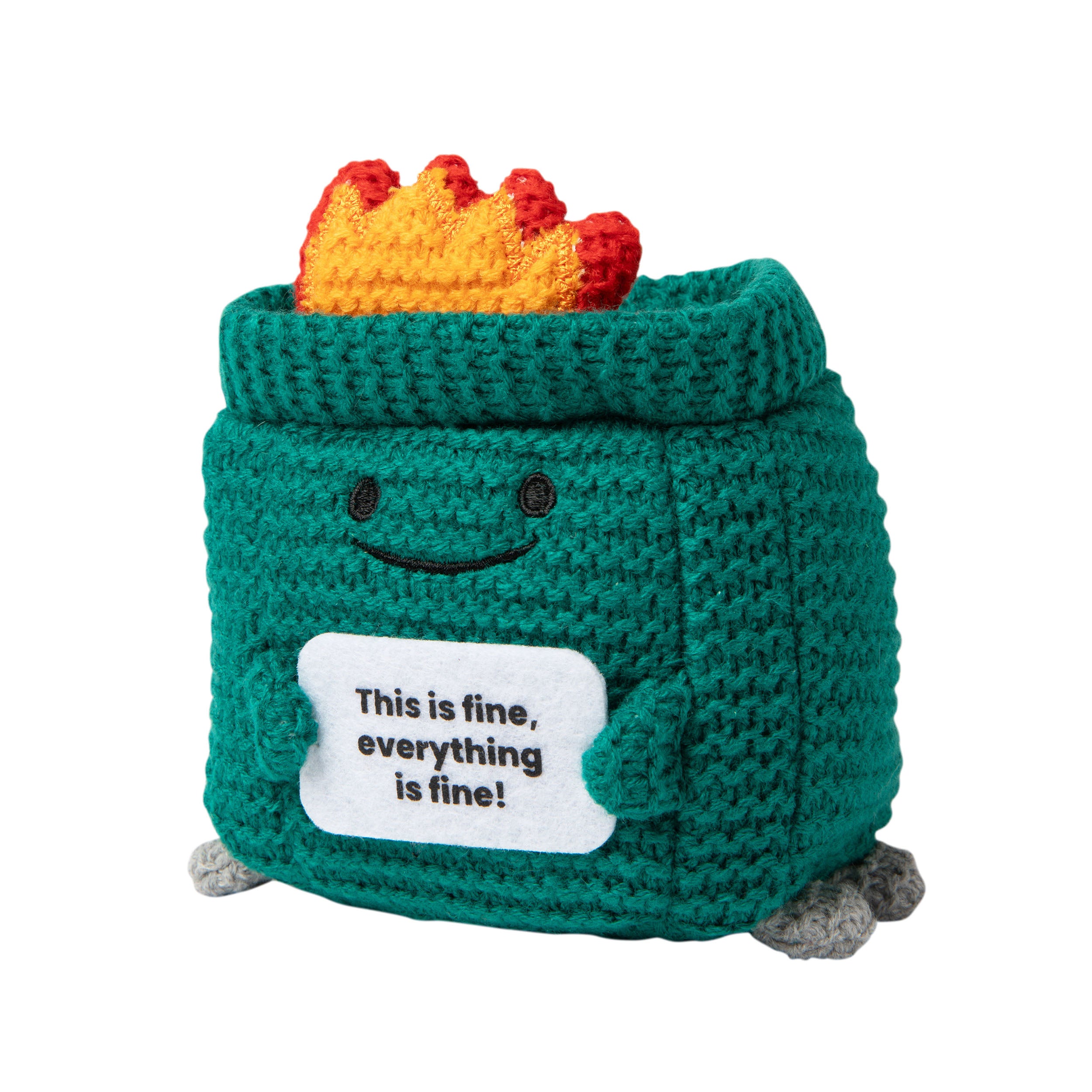 Lil Cheers Dumpster by Relatable – Funny Crochet Plush with Motivational Sign, Uplifting Gift & Desk Decor