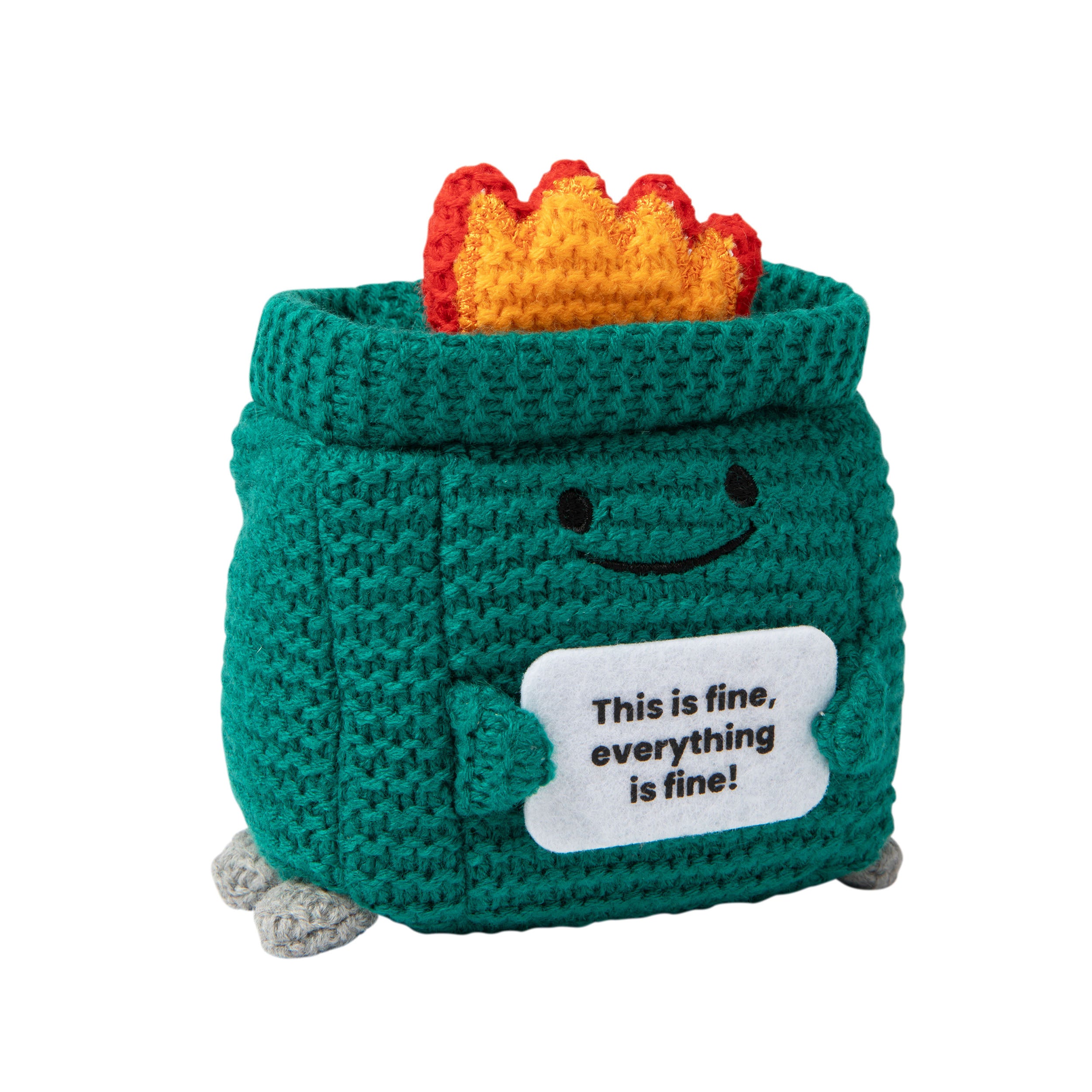 Lil Cheers Dumpster by Relatable – Funny Crochet Plush with Motivational Sign, Uplifting Gift & Desk Decor