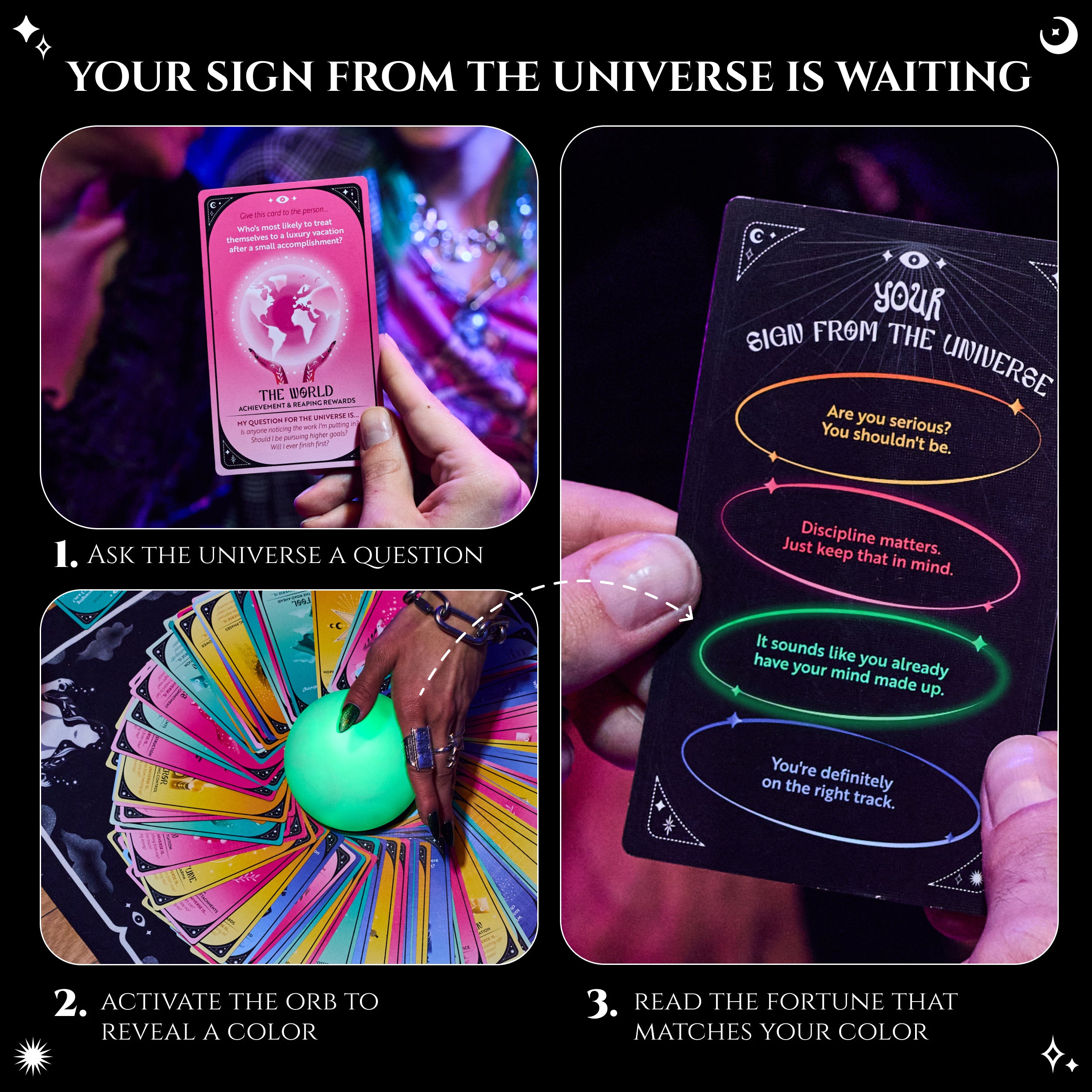 Signs From The Universe - Party Game with Tarot Cards and Glowing Orb for Girls Night