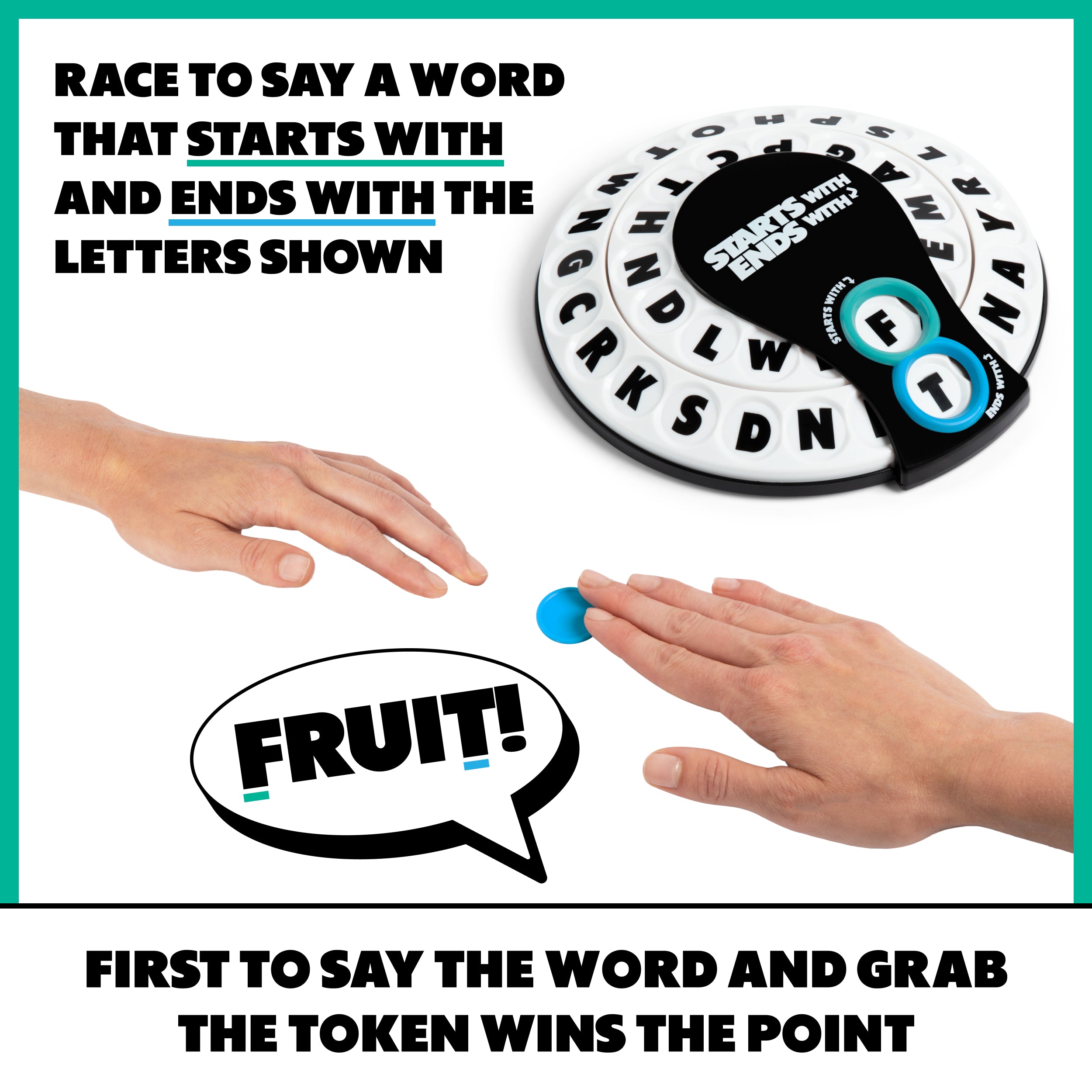 Starts With Ends With by Relatable - The Fast Paced Word Game Your Family Games Collection Has Been Missing. Spin The Letter Wheels and Race to Shout the Word – Includes 1 Spinner Device and 20 Tokens.
