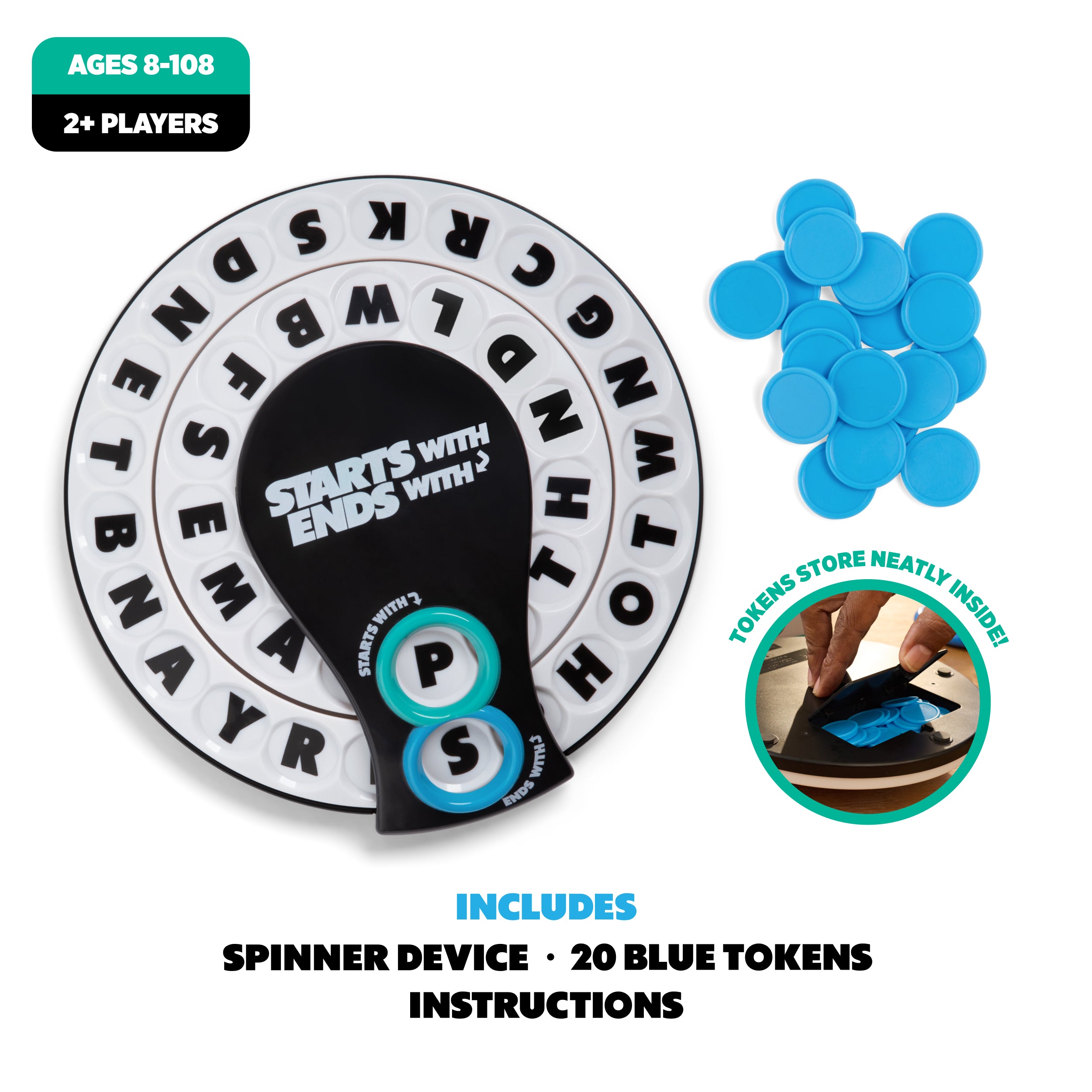 Starts With Ends With by Relatable - The Fast Paced Word Game Your Family Games Collection Has Been Missing. Spin The Letter Wheels and Race to Shout the Word – Includes 1 Spinner Device and 20 Tokens.