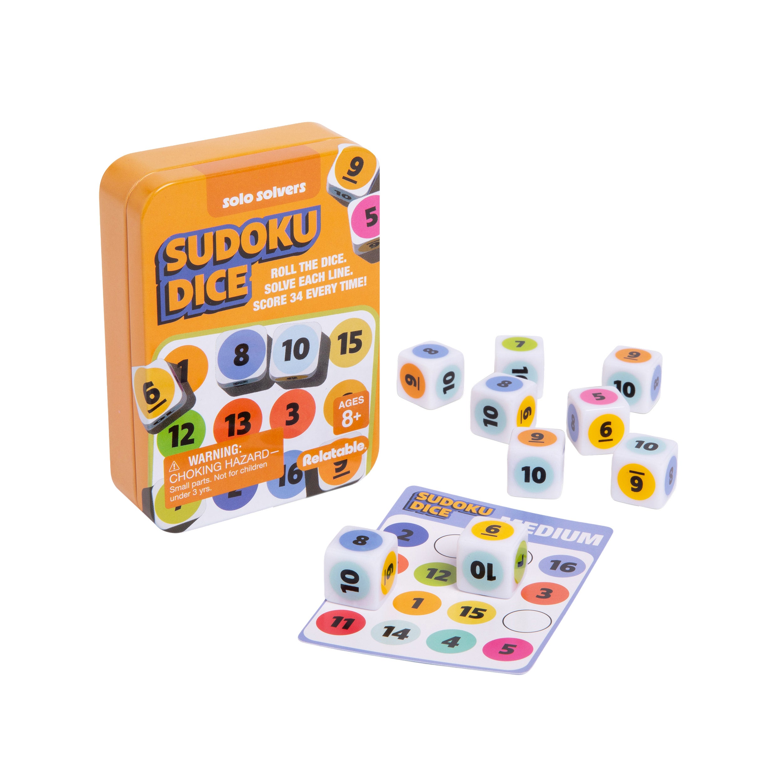 Sudoku Dice by Relatable - Brain Teaser Puzzles - Roll the dice  - 1 Tin, 9 Dice, 10 Cards