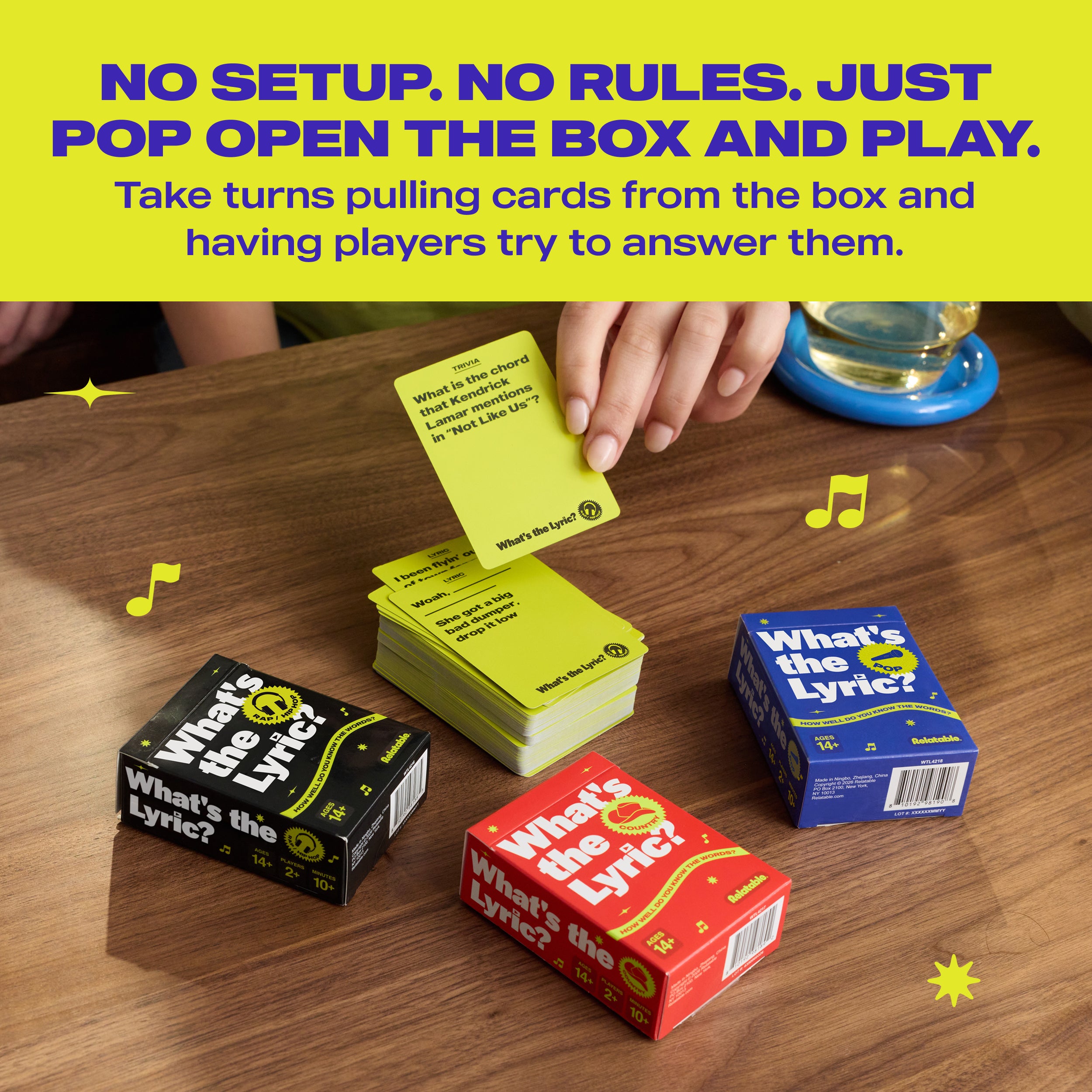 What's The Lyric Ultimate Bundle by Relatable - A Music Trivia Game and Finish the Lyric Game for Music Fans – Includes 300 Pop, Rap, and Country Music Trivia Cards for ages 14+.