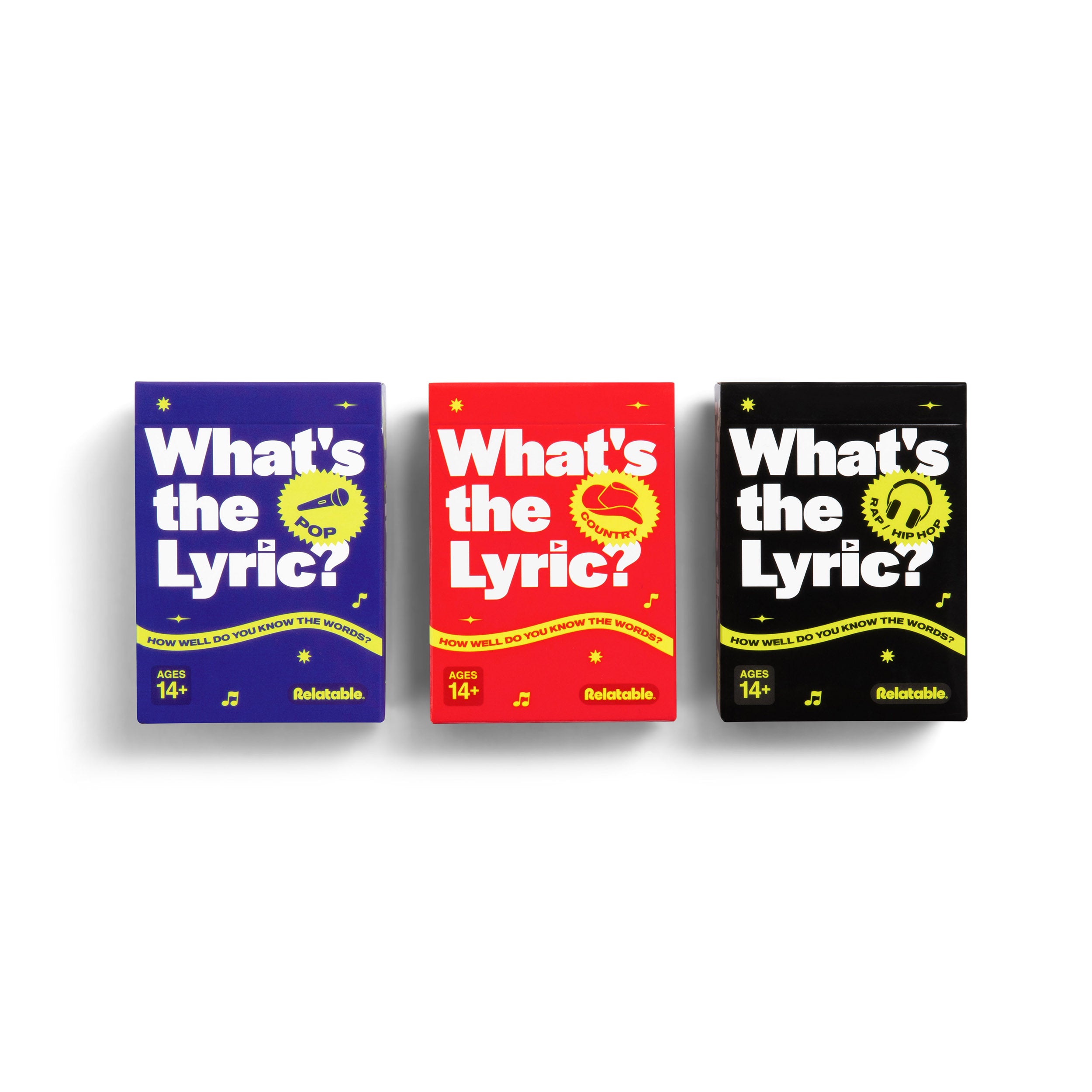What's The Lyric Ultimate Bundle by Relatable - A Music Trivia Game and Finish the Lyric Game for Music Fans – Includes 300 Pop, Rap, and Country Music Trivia Cards for ages 14+.