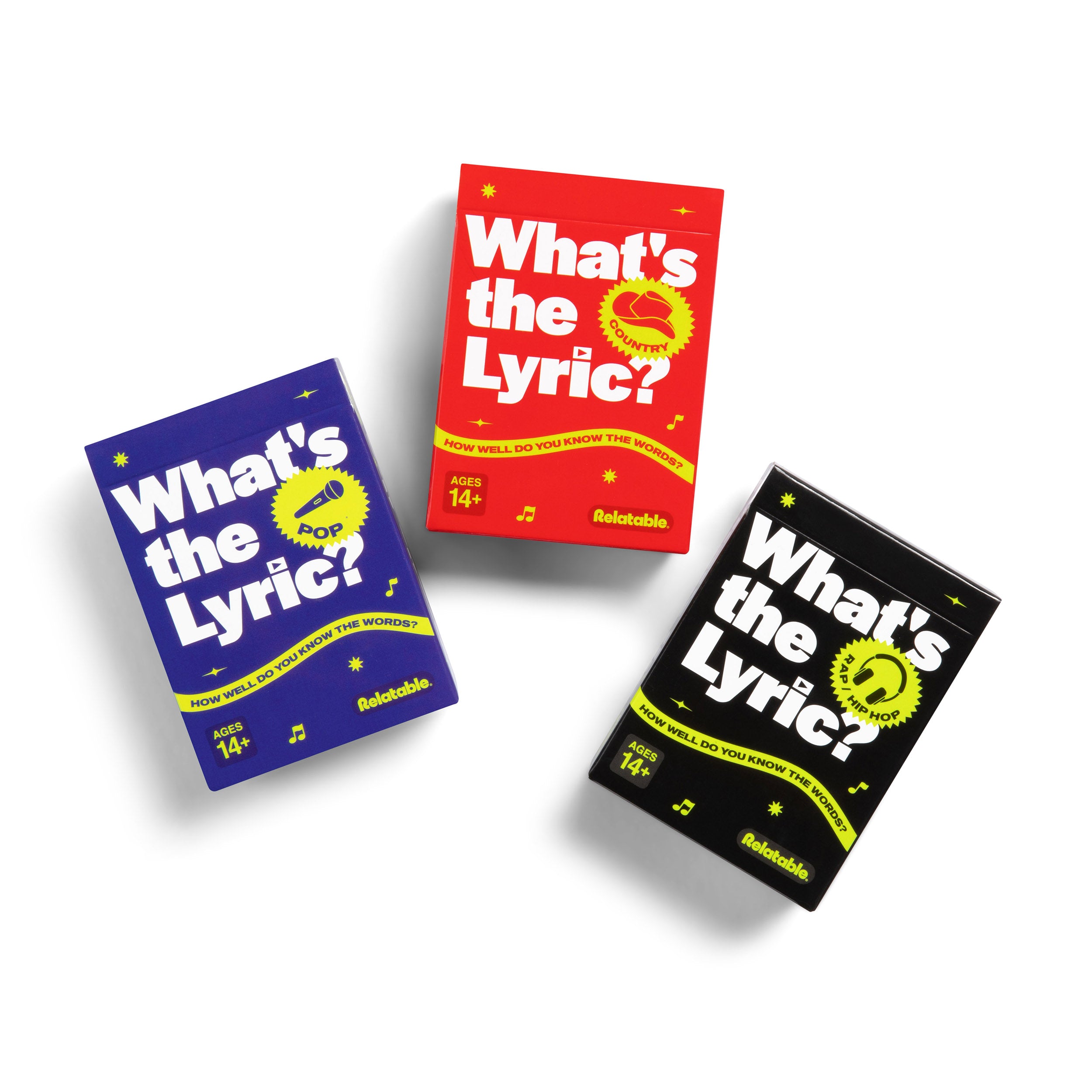 What's The Lyric Ultimate Bundle by Relatable - A Music Trivia Game and Finish the Lyric Game for Music Fans – Includes 300 Pop, Rap, and Country Music Trivia Cards for ages 14+.