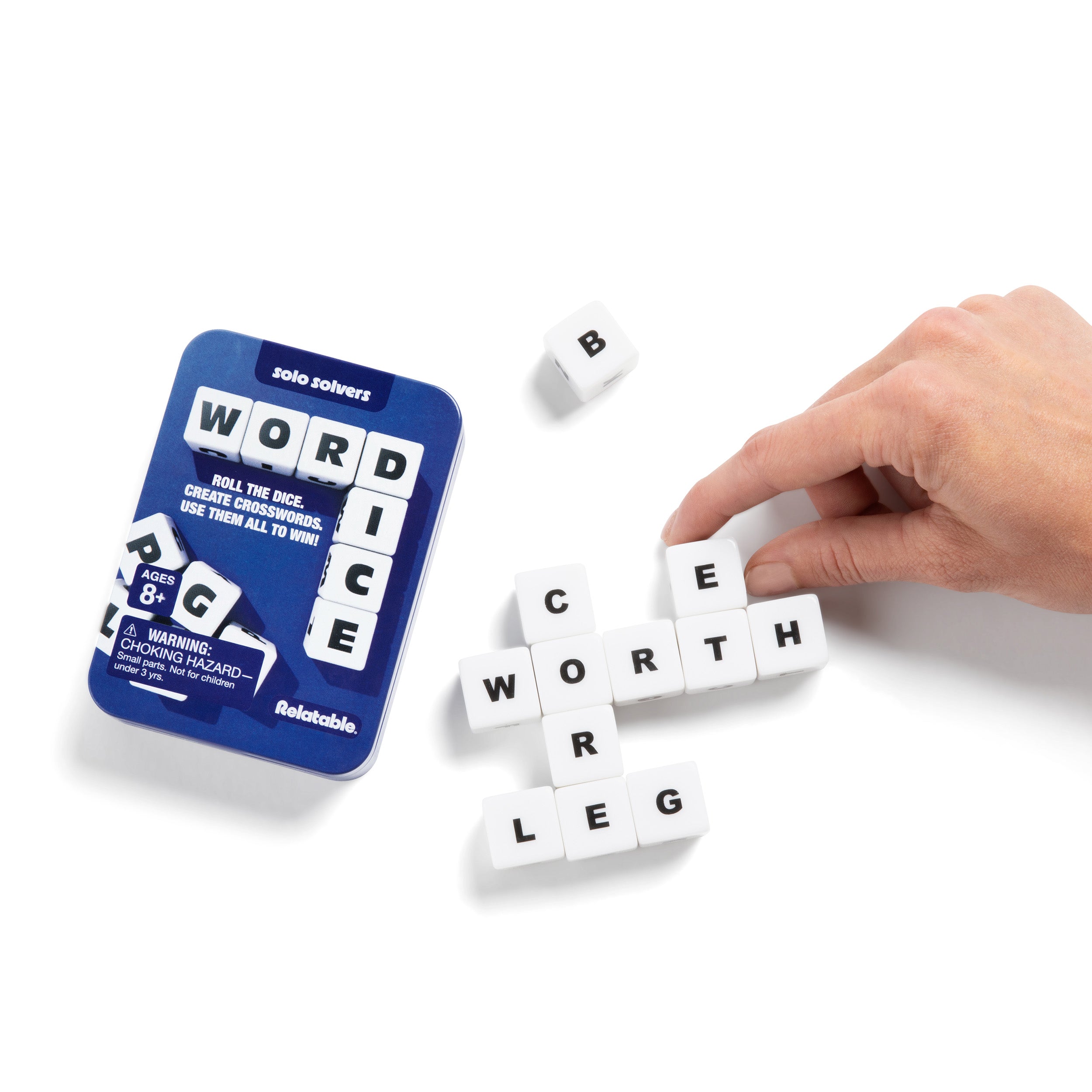 Word Dice by Relatable - Brain Teaser Puzzles - Roll The Dice and Build Crosswords - 1 Tin, 12 Dice